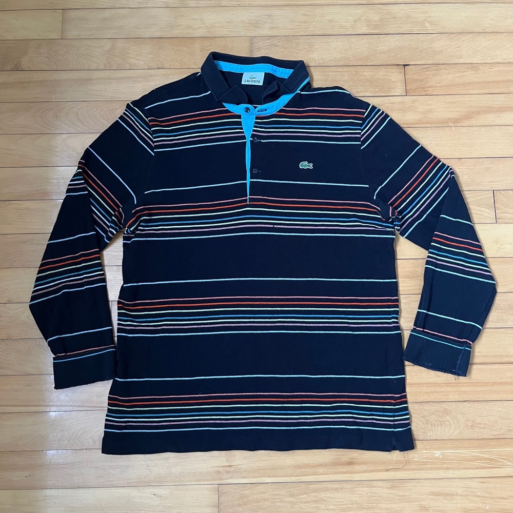 Lacoste Mens Long Sleeve Striped Polo Shirt Navy Blue Multi Color Size 6